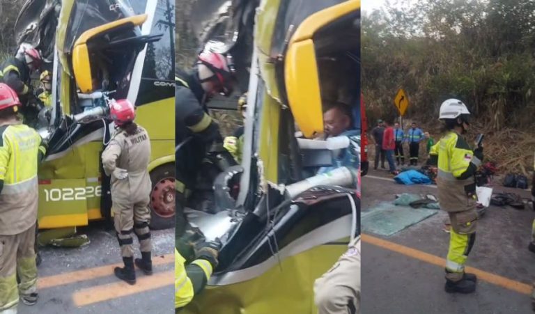 Motorista fica preso às ferragens após ônibus bater contra carreta na BR-174 no AM