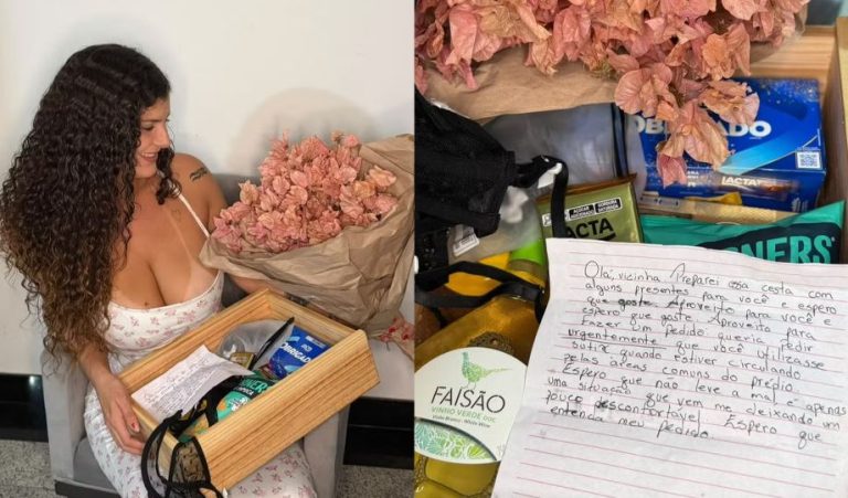 Influenciadora recebe cesta com sutiã e pedido inusitado de vizinha; entenda