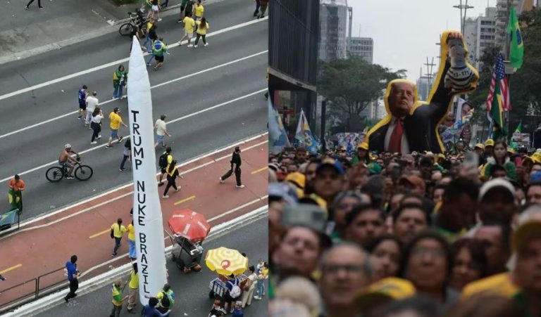 Manifestantes exibem pedido de ataque nuclear contra o Brasil em ato na Paulista